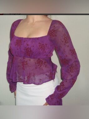 Forever 21 Purple Red Floral Sheer Blouse Puff Sleeves Romantic Victorian large